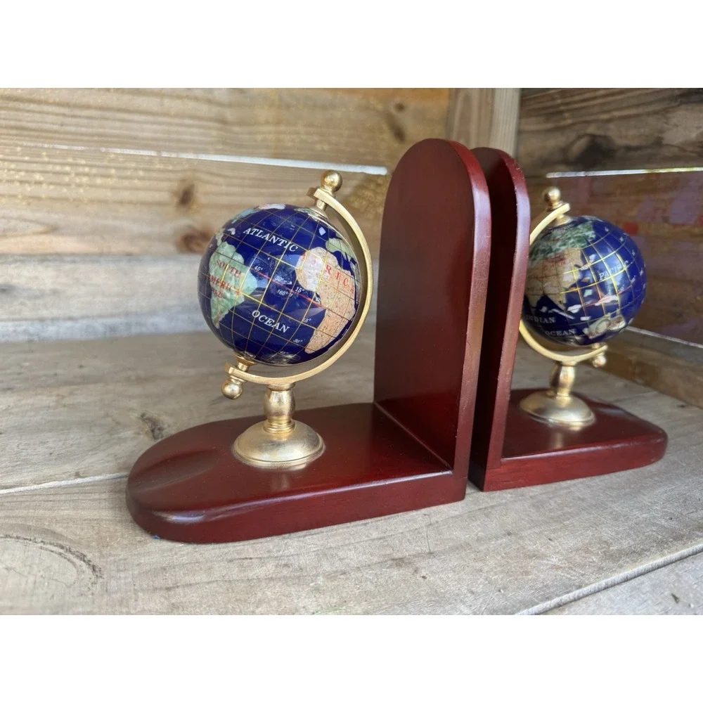 Vintage Gemstone World Globe Bookends, Brass meridian on Wood base